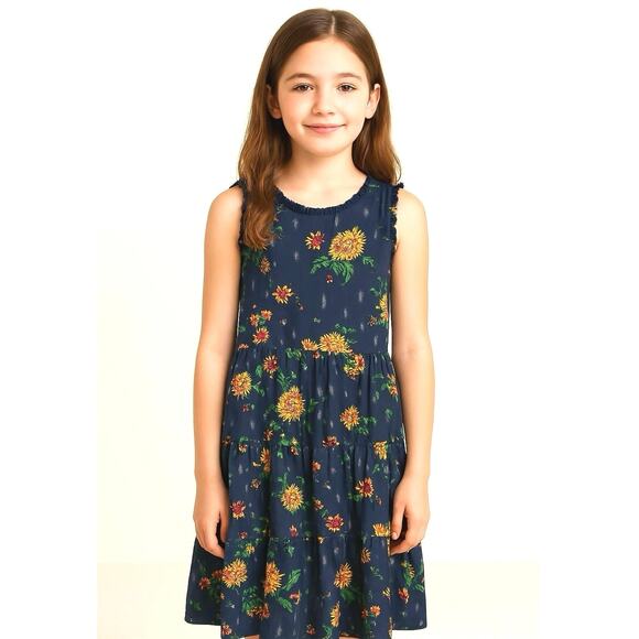 Zunie Girls Navy Floral Ruffle Midi Dress | Size 7/8 - Picture 1 of 7